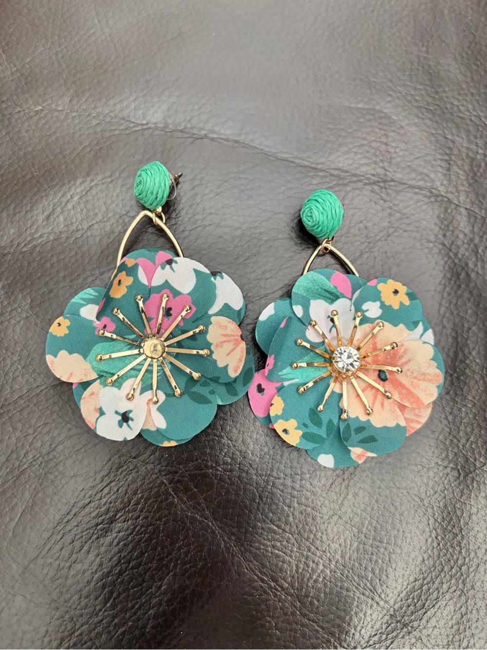 SHEIN Teal Floral Drop Earrings with Gold Starburst Centers